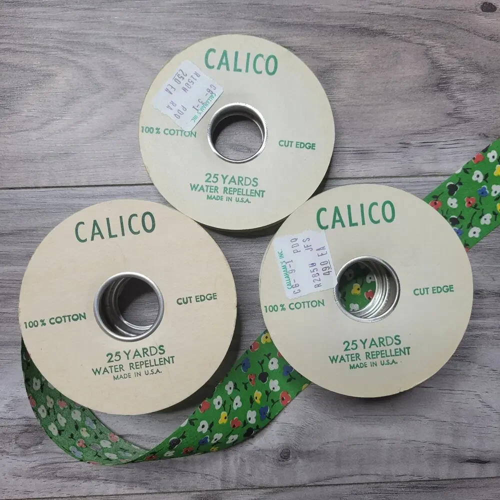 Vintage Calico Green Floral Print Cut Edge Ribbon (3 rolls)